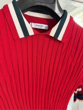 Mango Red Ribbed Polo with White and Dark Green Striped Collar